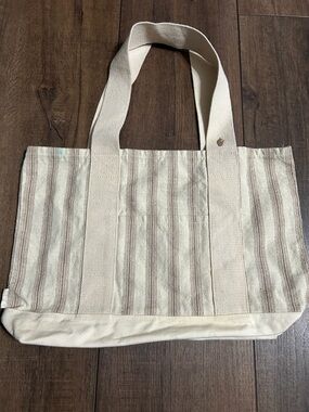 Alabaster Co The Striped Tote Canvas Bag Beige Embroidered Logo
